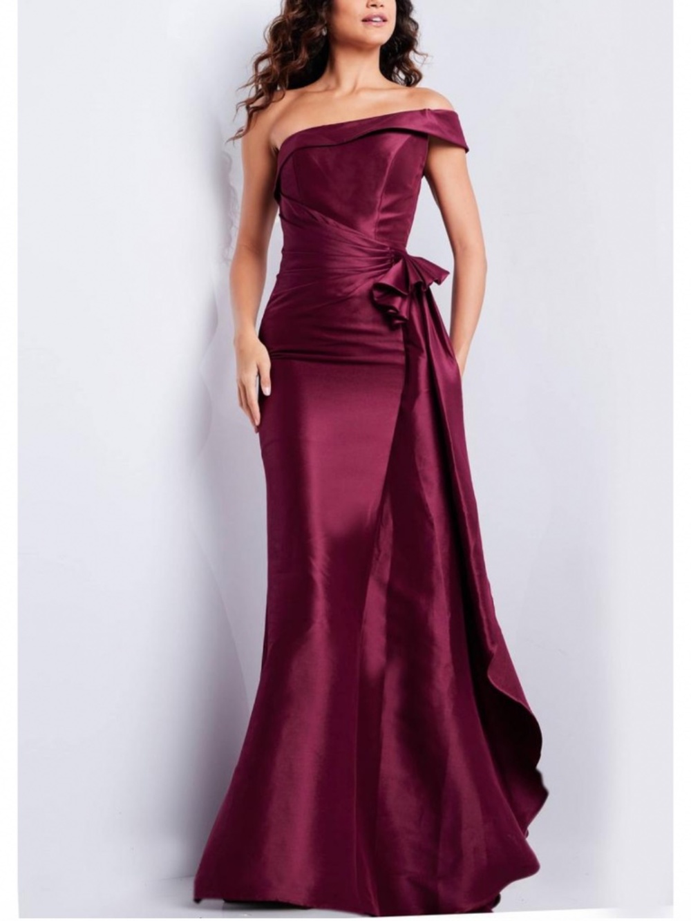 Jovani Burgundy Straight Ruched Waist Evening Gown
